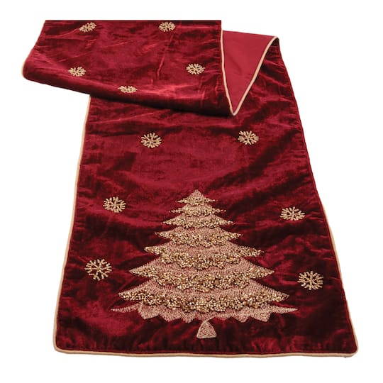 Melrose 70" x 14" Red & Gold Embroidered Pine Tree Table Runner